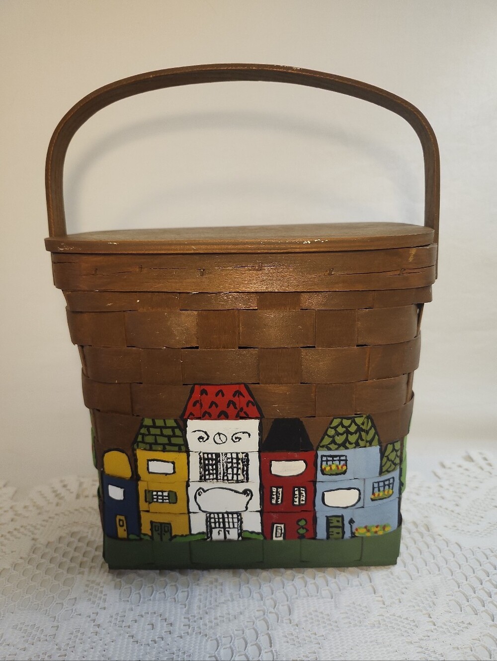 Vtg 1960s Caro Nan Hand Painted Wood Fairmont Basket Purse Cityscape Folk Art
